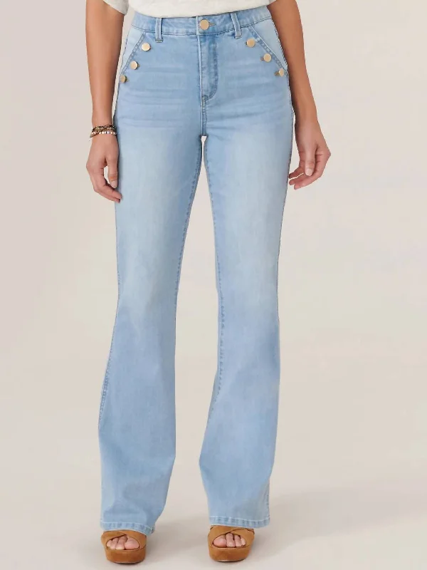Skyrise Long Flare Jean With Angled Button-Lined Pockets In Powder Blue Artisanal Denim Fashionable Straight Cut Jeans