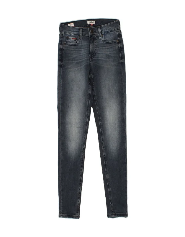 TOMMY HILFIGER Womens Mid Rise Skinny Jeans W24 L30 Blue Cotton Fashionable Straight Fit Denim