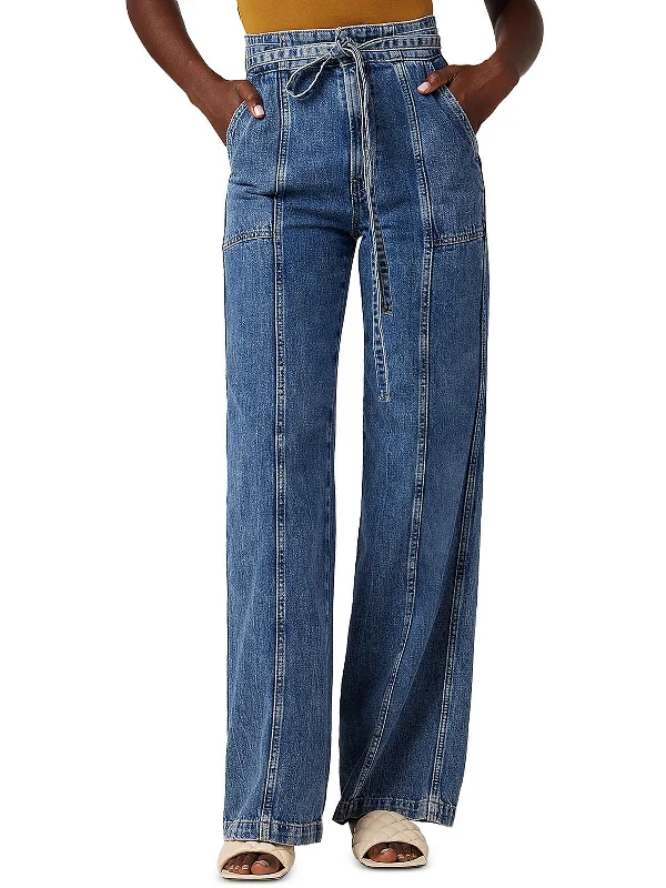 Womens Belted Denim Wide Leg Jeans Cozy Stretch High-Waist Jeans