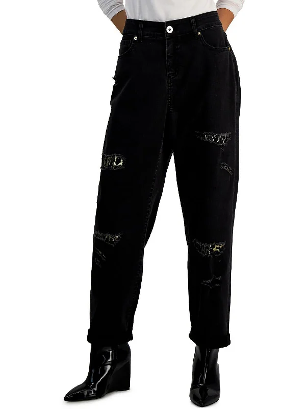 Womens High Rise Metallic Boyfriend Jeans Casual Loose Fit Jeans