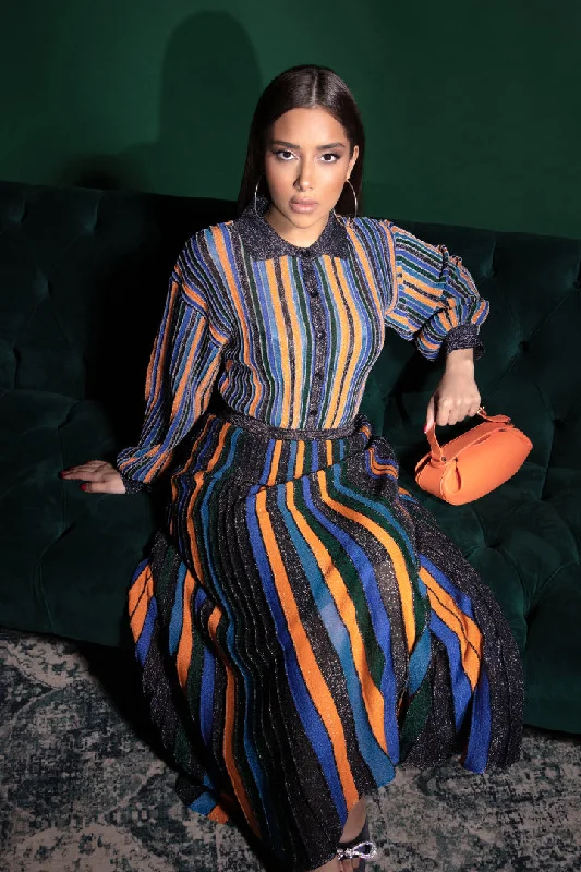 Allover Lurex Multicolored Stripe Skirt button skirt front