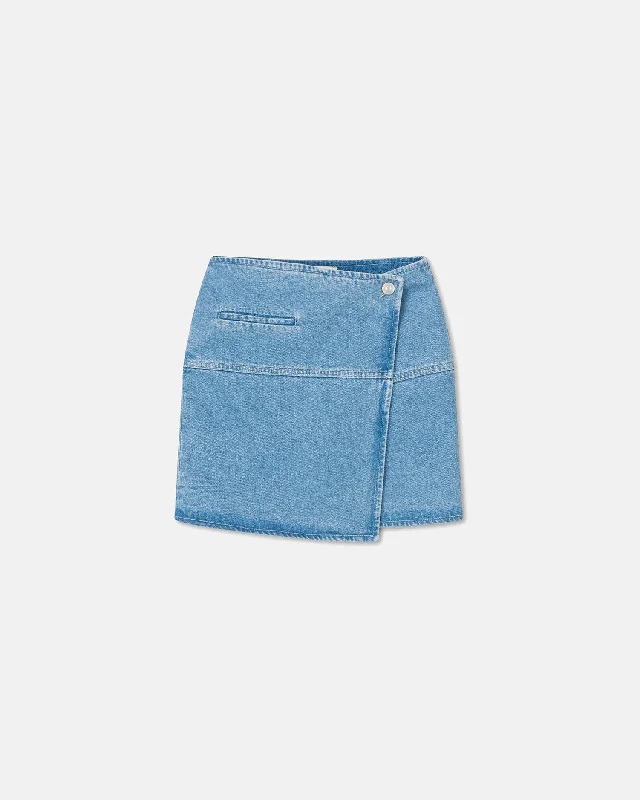 Casna - Denim Mini Wrap Skirt - Eco Light Wash denim skirt trendy