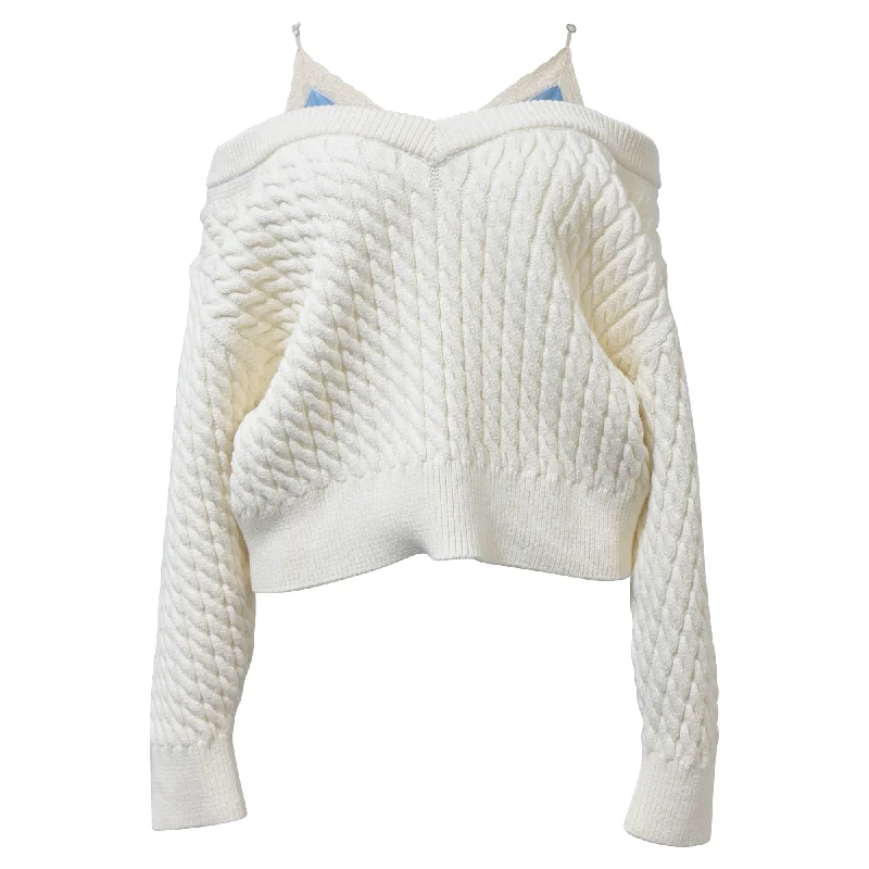 Alexander Wang.T Off-Shoulder Cable Knit Jumper in Ecru Cotton Bright Pastel Dark