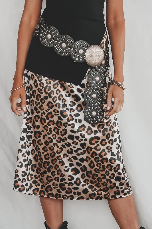 All Eyes On Me Leopard Print Satin Midi Skirt belted skirt waist