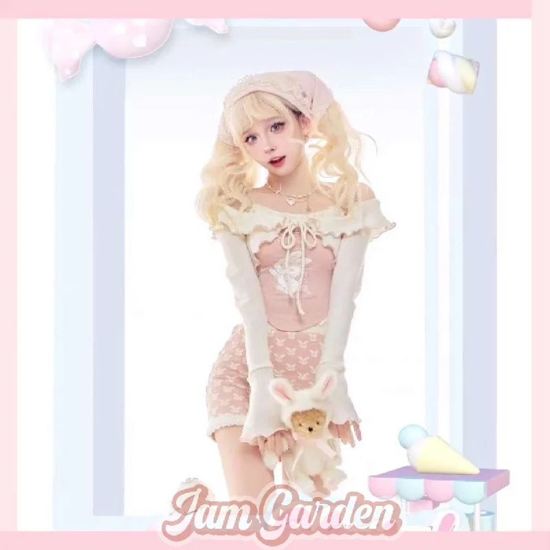 Autumn Outfit With A Whole Set Of Pink Bunny Cardigan With Straps And Hip Skirt chiffon skirt lightweight