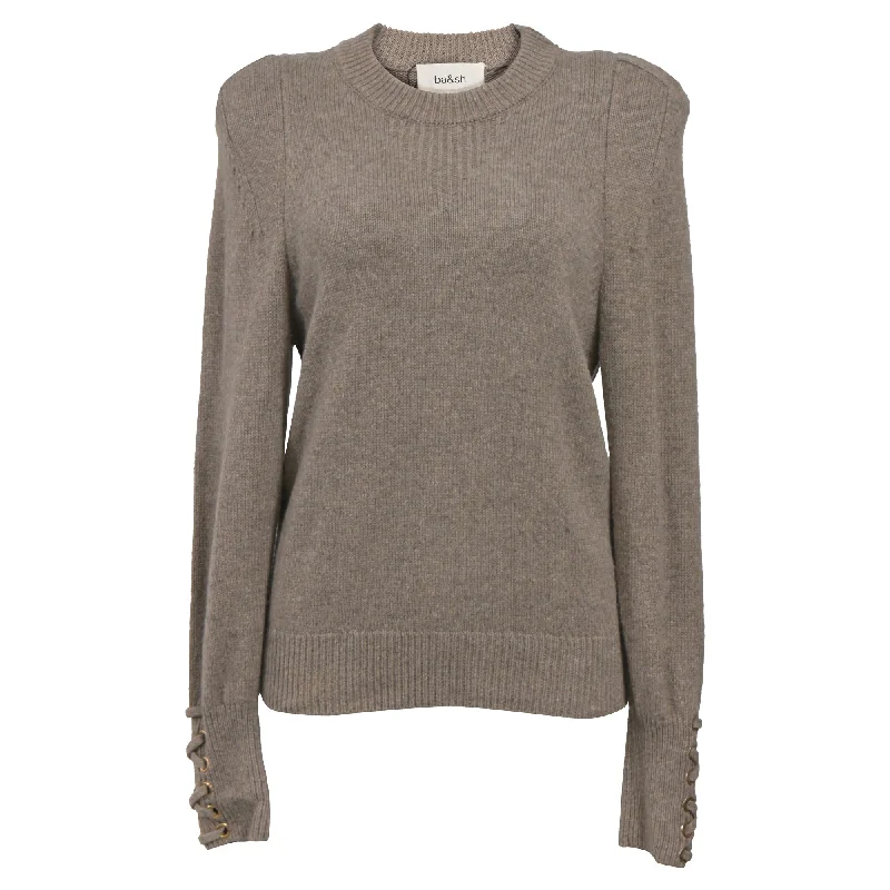 Ba&Sh Keane Crew Neck Knitted With Decorative Cuffs Sweater in Brown Wool Chenille Fabric Brocade Fabric Lace Fabric Ba&Sh Keane Crew Neck Knitted With Decorative Cuffs Sweater in Brown Wool Chenille Fabric Brocade Fabric Lace Fabric