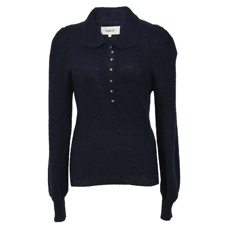 Ba&Sh Puffed Sleeve With Buttons Jumper in Navy Blue Wool Hooded Sweater Collared Sweater Shawl Collar Ba&Sh Puffed Sleeve With Buttons Jumper in Navy Blue Wool Hooded Sweater Collared Sweater Shawl Collar