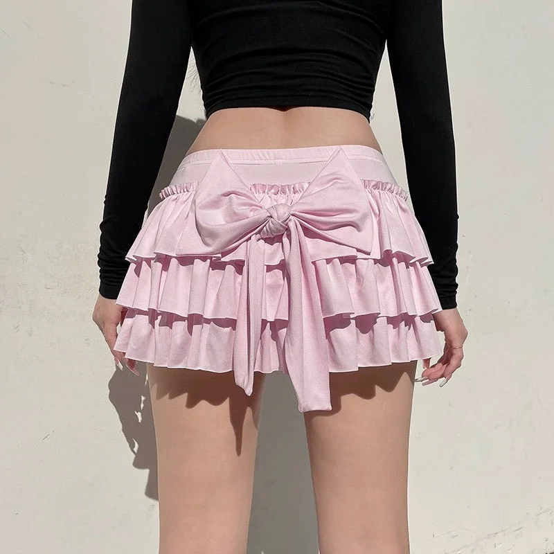 Baby Pink bow high waist cake skirt BY11000 flowy skirt hem