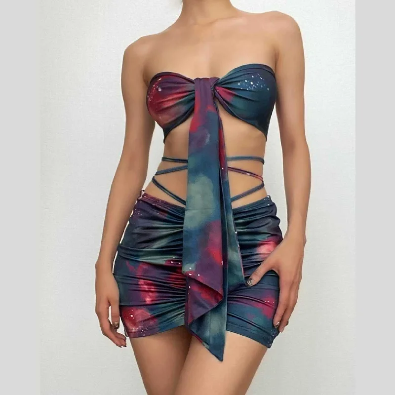 Backless self tie ruched tie dye drawstring contrast mini skirt set linen skirt airy