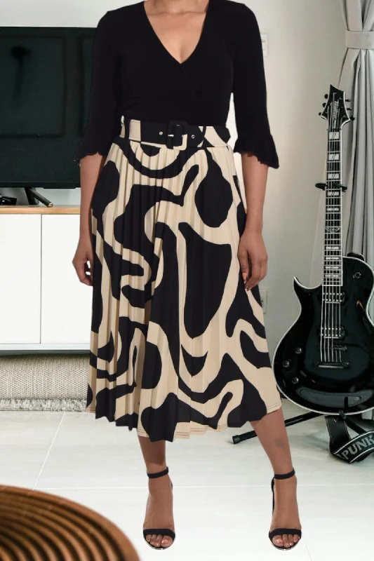 Black And Brown Belted Skirt lace skirt feminine
