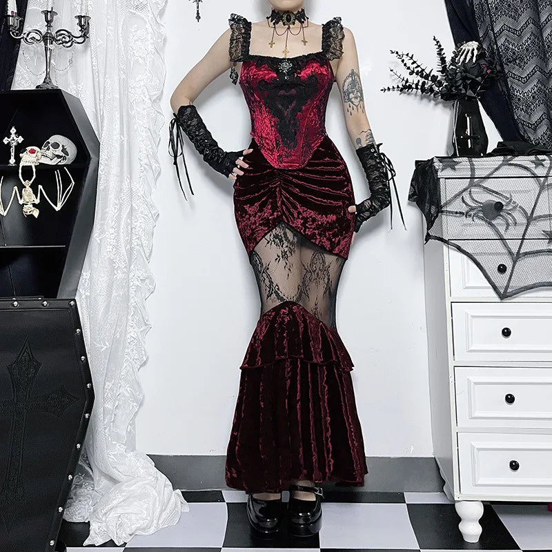 Black Fairy Grunge Women Gothic Velvet Lace Stitching Fall Sexy Fishtail Skirt corduroy skirt cozy