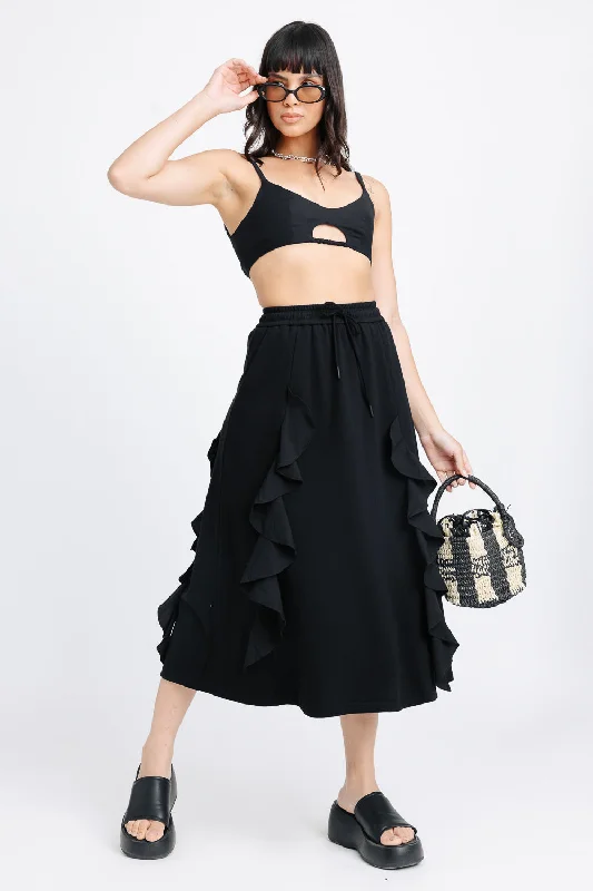 Black Ruffled A-line Midi Skirt a-line skirt cut