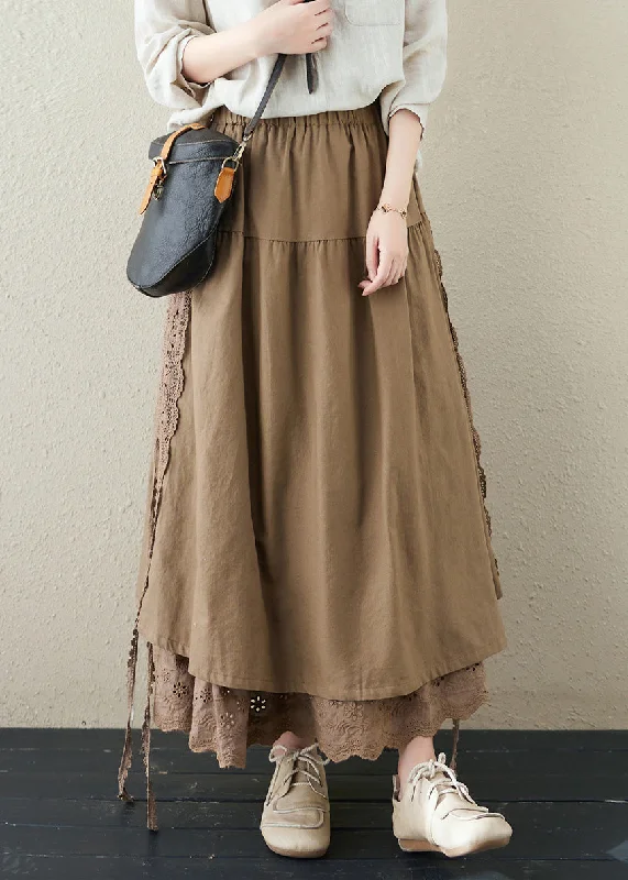 Brief Khaki Embroideried Patchwork Elastic Waist Linen A Line Skirt Summer cashmere skirt rich