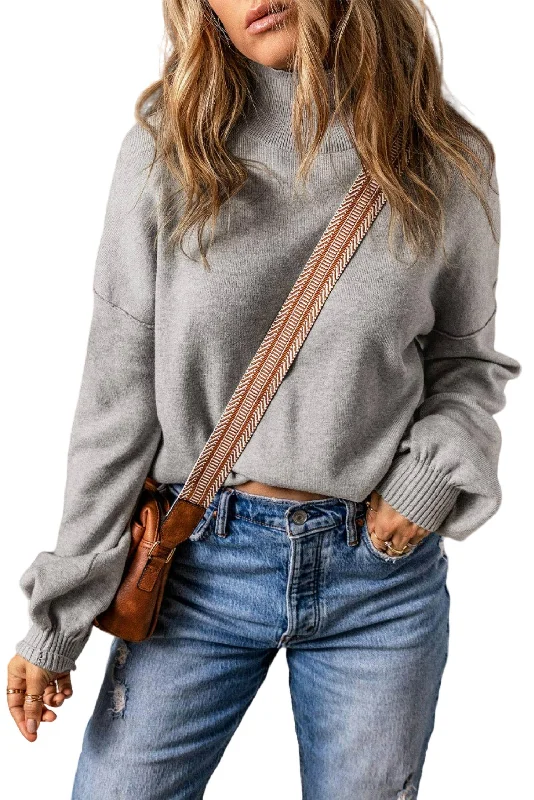 Brielle Turtleneck Drop Shoulder Bubble Sleeve Knit Sweater In Gray Iron Safe Non-Iron Wrinkle Free