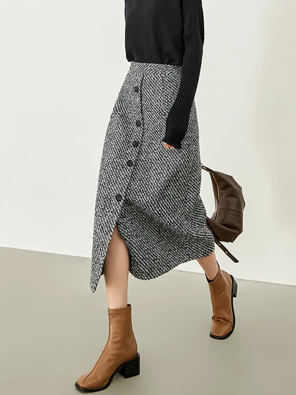 BerryBetty - Button Down Tweed Boucle Maxi Skirt spandex blend skirt