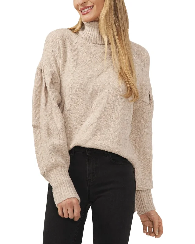 Cece Pompom Mixed Cable Turtleneck Wool-Blend Sweater Glossy Satin Silk