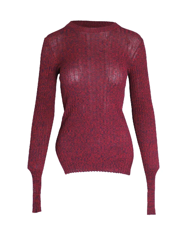 Celine Ribbed Sweater in Burgundy Cotton Sequined Glittery Shiny