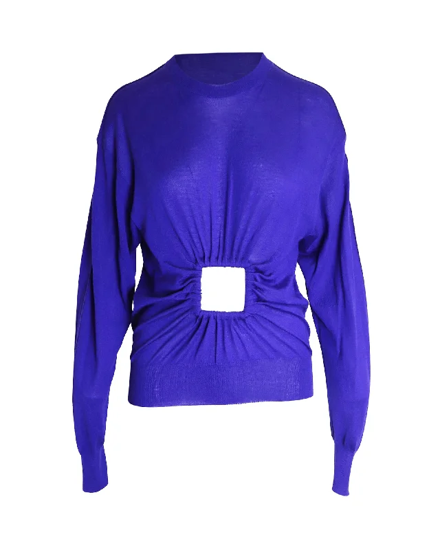 Celine Window Panel Knitted Sweater in Blue Cashmere Chenille Brocade Lace