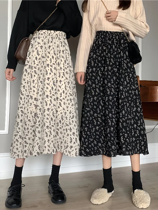 Charming A-line Floral Midi Skirt satin skirt smooth