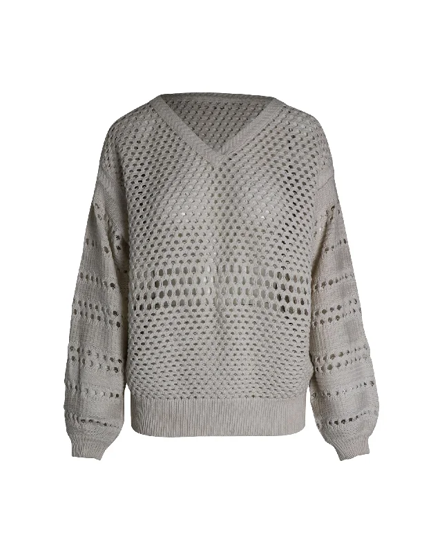 Chloe Crochet Sweater in Cream Cotton Beaded Sweater Sequined Faux Fur