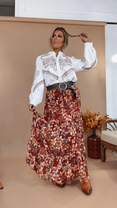Claire Chiffon Floral Maxi Skirt, Deep Red lightweight skirt design