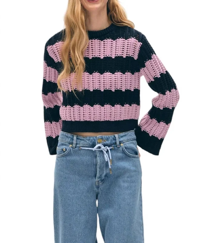 Cotton Rope Bell Sleeve Crewneck Sweater In Purple Combo Stretchy Elastic Breathable