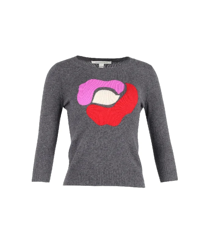 Diane Von Furstenberg Floral Intarsia Sweater in Grey Cashmere Wool Fabric Cashmere Fabric Tweed Fabric Diane Von Furstenberg Floral Intarsia Sweater in Grey Cashmere Wool Fabric Cashmere Fabric Tweed Fabric