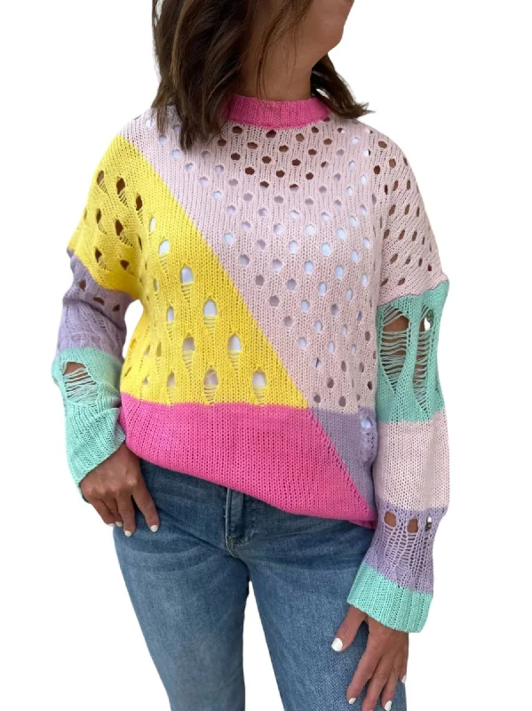 Distressed Detail Pullover Sweater In Pastel Color Block Solid Print Embellished