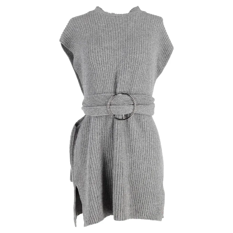 Dries Van Noten Sleeveless Knit Belted Sweater in Grey Wool Solid Color Striped Floral Print