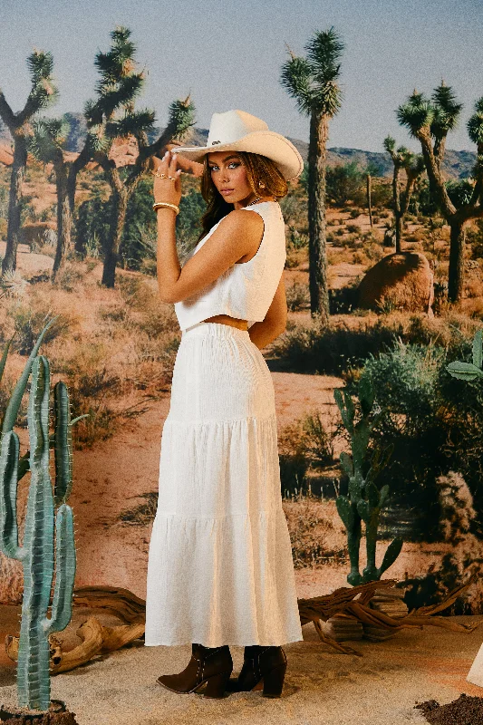 Elya Ruffle Woven Crepe Maxi Skirt - White leather skirt durable