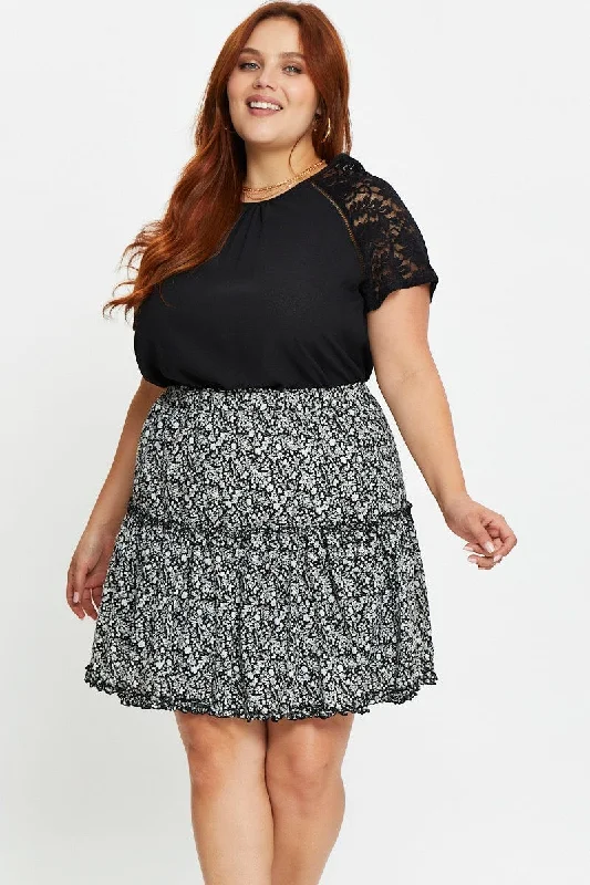 Floral Print Mini Skater Skirt Tie casual skirt length