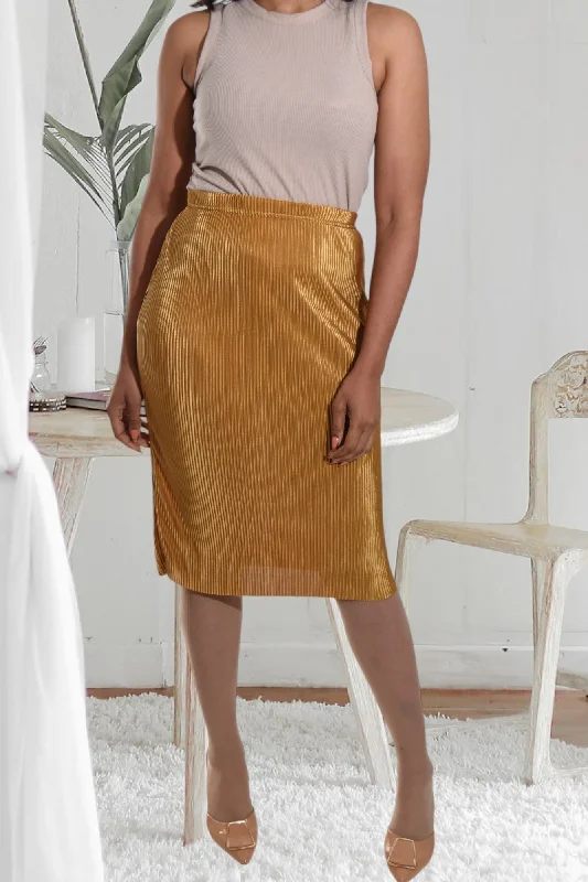 Gold Plisse Midi Skirt zip skirt side