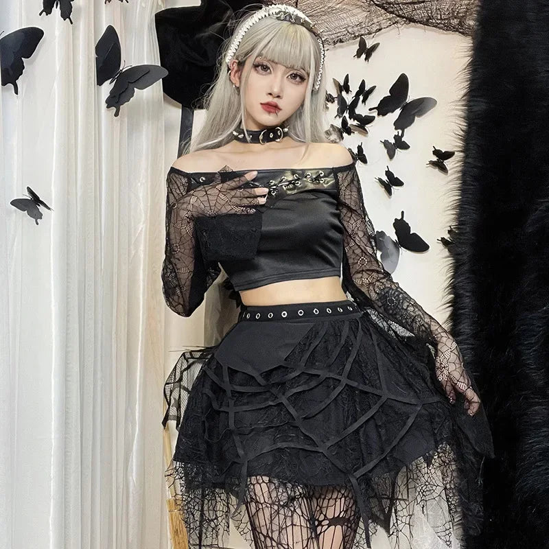 Gothic Mini Y2K Harajuku Spider Web Patchwork Lace Tassel Dark Academy Street Woman With Belt Fairy Grunge Skirt belted skirt waist