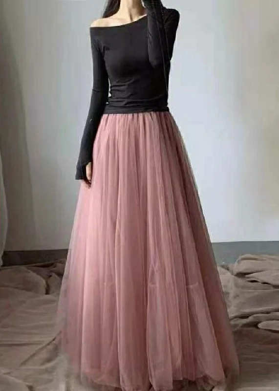 Handmade Pink Wrinkled High Waist Tulle Skirts Spring high slit skirt