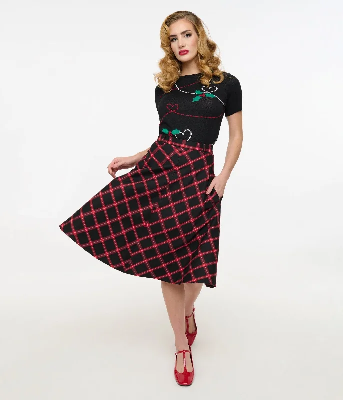 Hell Bunny 1950s Red & Black Tartan Janine Swing Skirt velvet skirt sumptuous