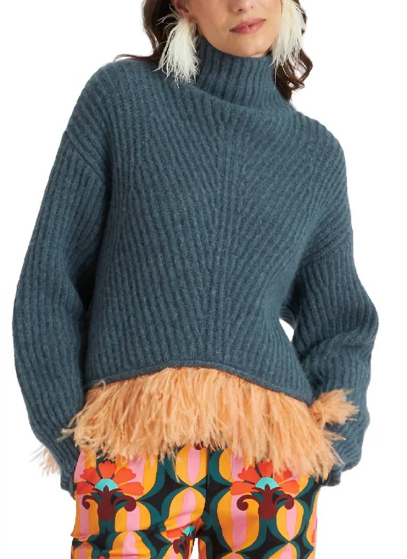 High Kick Sweater With Feathers In Ottanio Satin Fabric Silk Fabric Chiffon Fabric