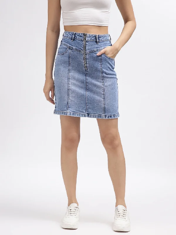 Iconic Women Blue Solid Regular Fit Skirt silk skirt elegant