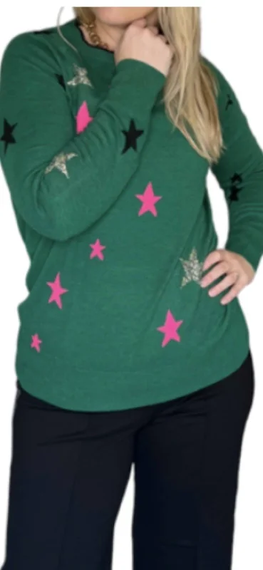 Intarsia Stars Sweater In Green Seamless Knitted Crochet