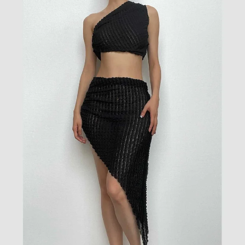 Irregular one shoulder sleeveless textured midi skirt set lace skirt romantic