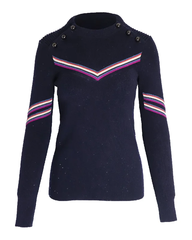 Isabel Marant Striped Sweater in Navy Blue Virgin Wool Boat Neck Shawl Collar Notched Collar
