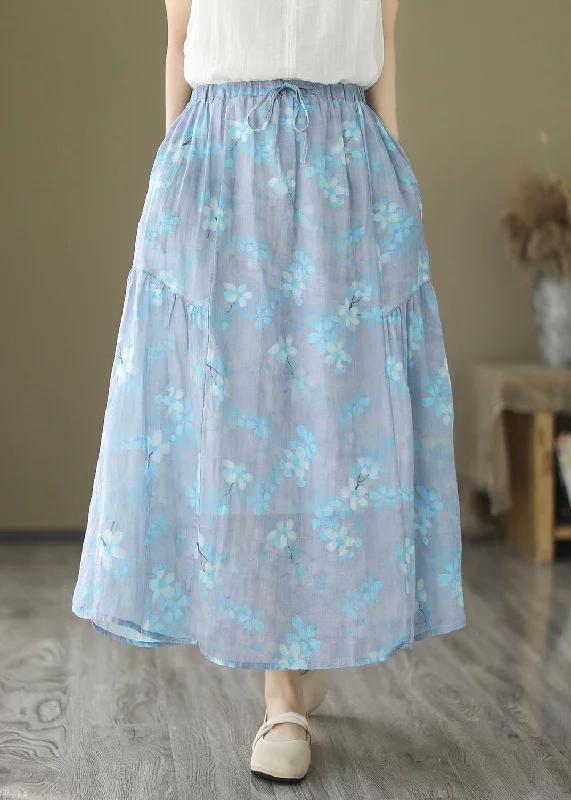 Italian Light Blue Wrinkled Print Elastic Waist Linen Skirt Summer denim skirt casual