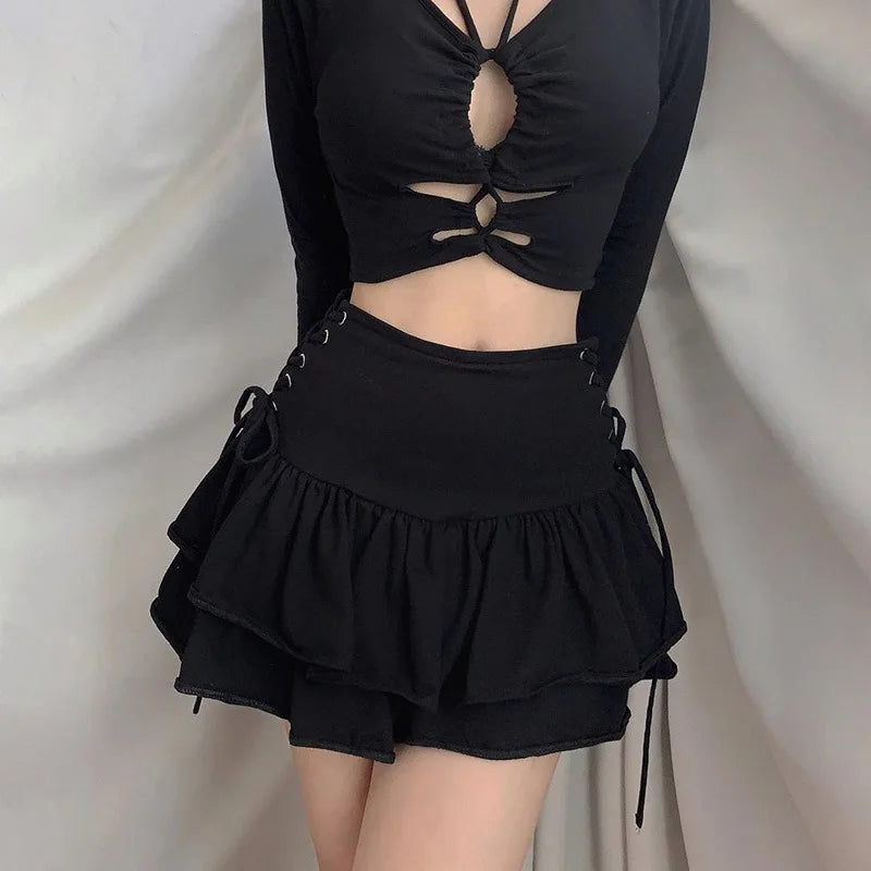 Gothic Harajuku Cake Waist Lace Japanese Mini Plaid Cute High Girls Lolita Dark Pleated Goth Sweet Skirt chiffon skirt airy