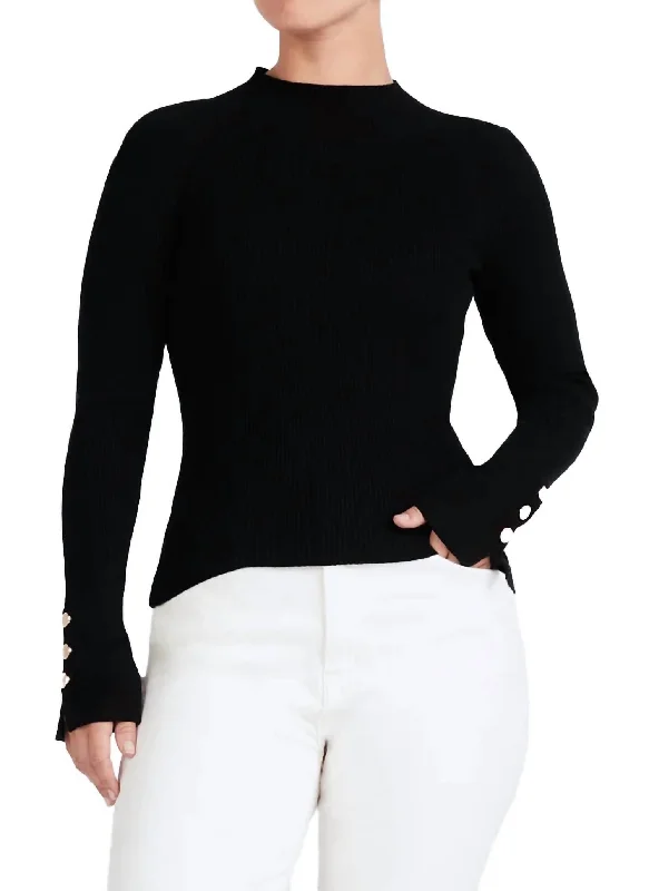 Kassandra Ribbed Mock Neck Sweater In Black Beaded Sweater Sequined Faux Fur
