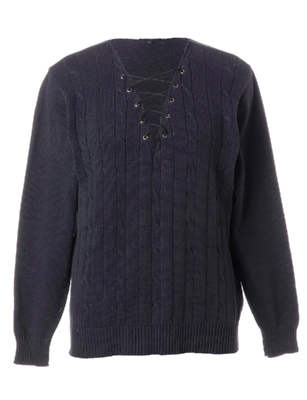 Label Navy Lace Up Jumper Mesh Blend Leather Blend Suede Blend