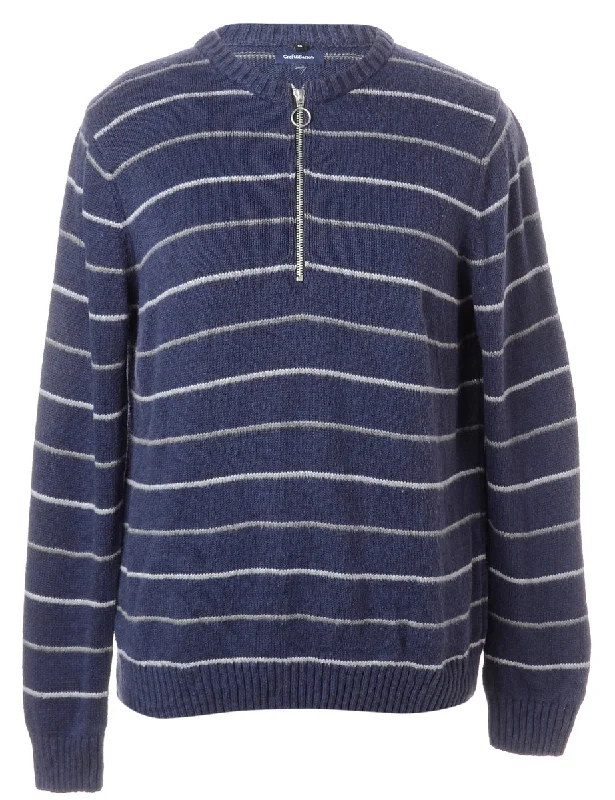 Label Navy Zip Front Knitted Jumper Striped Floral Plaid