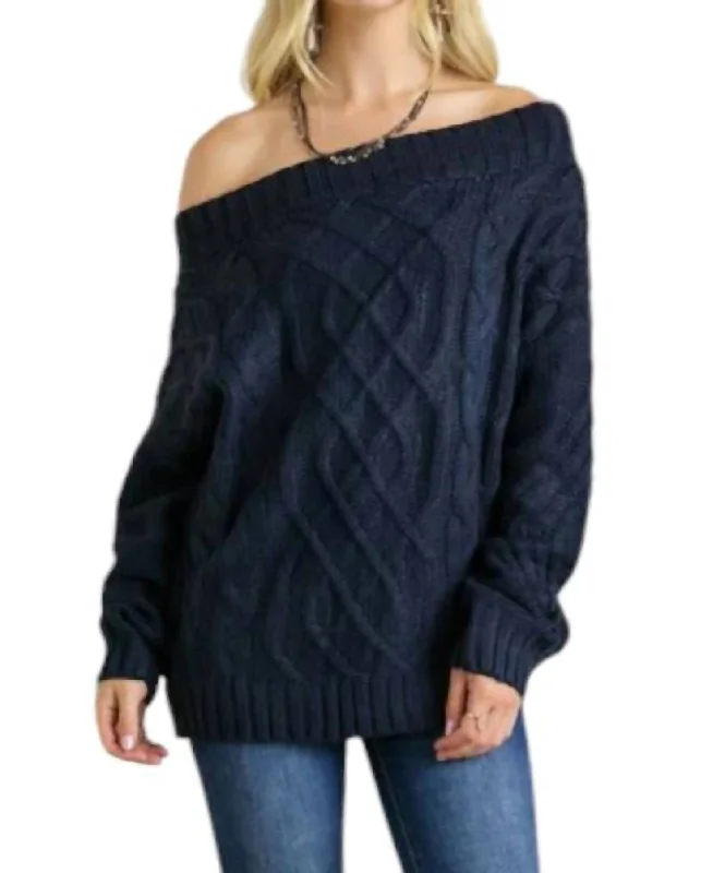 Lizzie Cable Knit Bardot Sweater In Navy Wool Fabric Cashmere Fabric Tweed Fabric