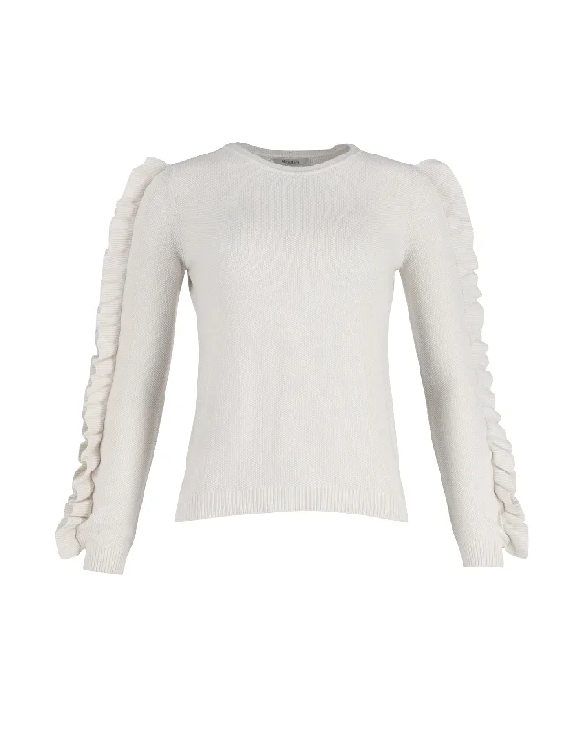 Max Mara Ruffled Sleeve Sweater in White Cotton Ribbed Striped Patterned