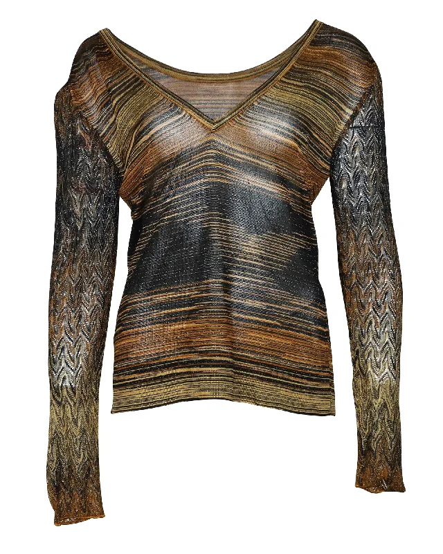 Missoni V Neck Metallic Sweater in Brown Rayon Ribbed Striped Patterned