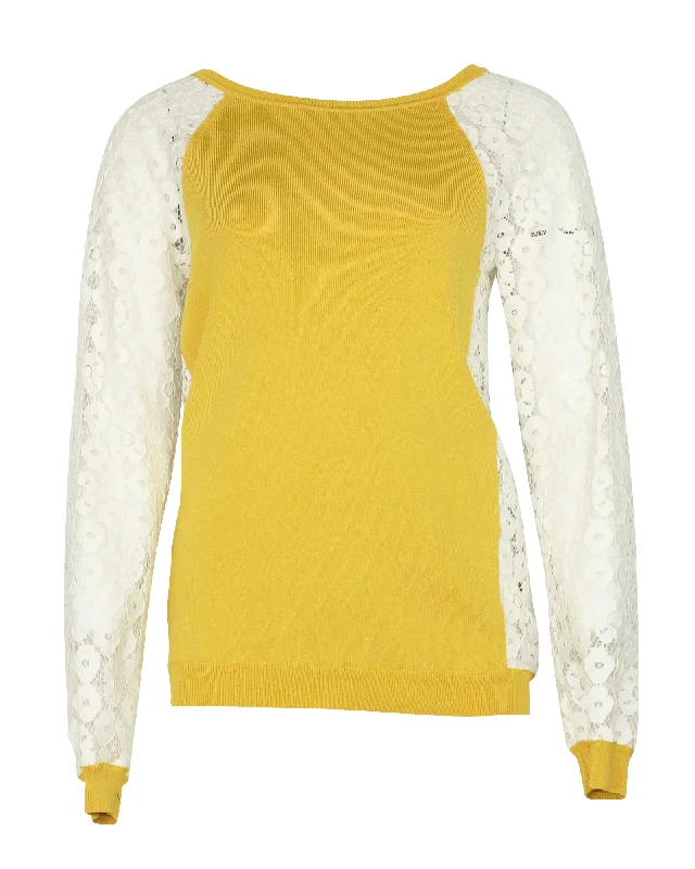 Moschino Cheap and Chic Knit Sweater with Lace Sleeves in Yellow Rayon Striped Floral Plaid Moschino Cheap and Chic Knit Sweater with Lace Sleeves in Yellow Rayon Striped Floral Plaid