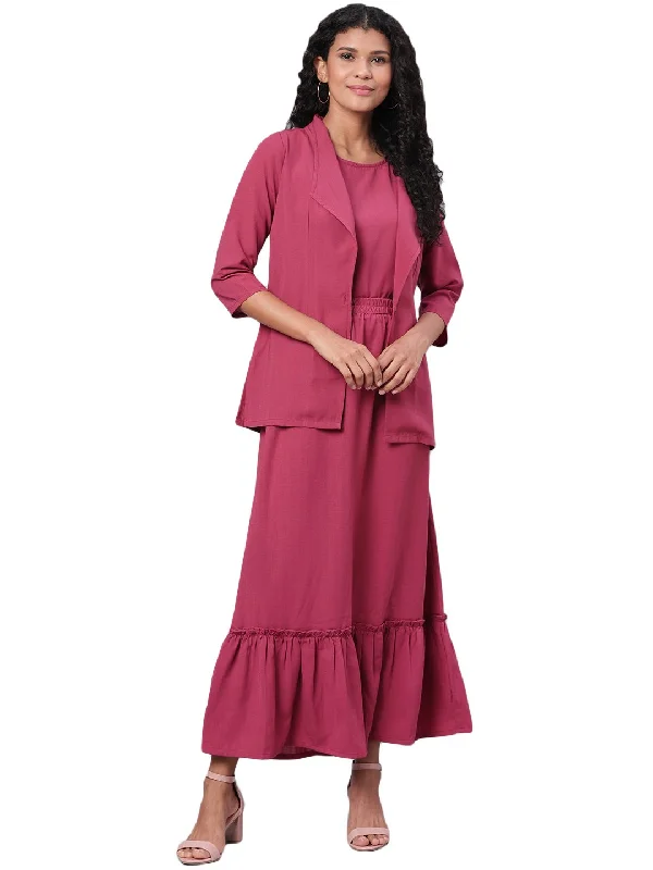 Women's Maroon Solid 3/4 Sleeve Polyester V Neck Casual Jacket & Skirt Set - Myshka chiffon skirt airy